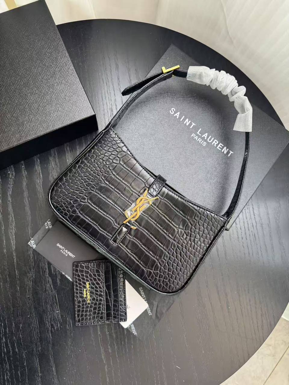 Yves Saint Laurent Le 5 à 7 Hobo Shoulder Bag in Croc-embossed Leather