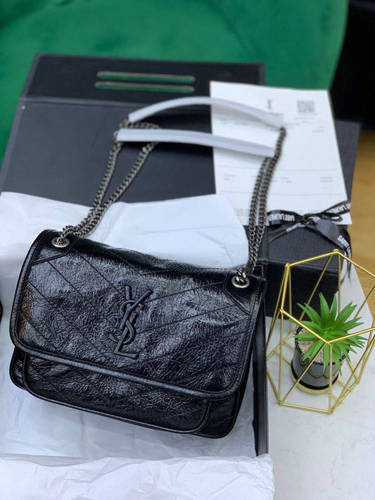 Yves Saint Laurent Black Crinkled Calfskin Leather Baby Niki Bag